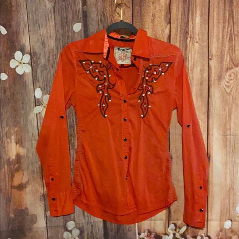 Roar S western orange shirt w/ rhinestones small